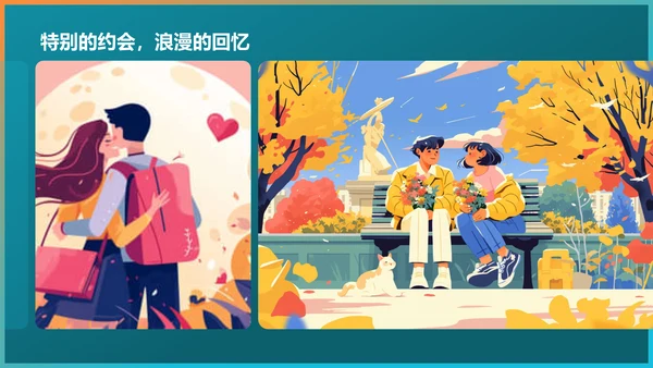 蓝色插画风情侣相恋过程PPT模板