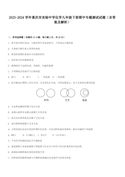 2023-2024学年重庆市实验中学化学九年级下册期中专题测试.docx