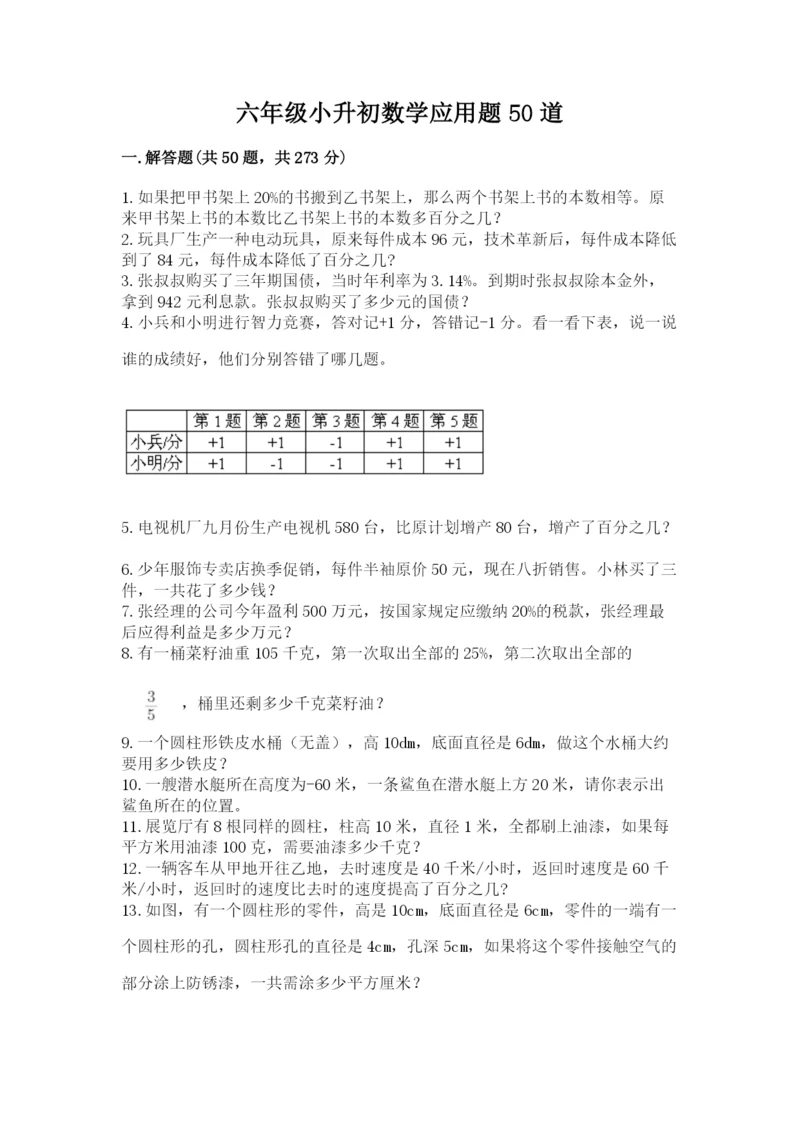 六年级小升初数学应用题50道带答案（模拟题）.docx