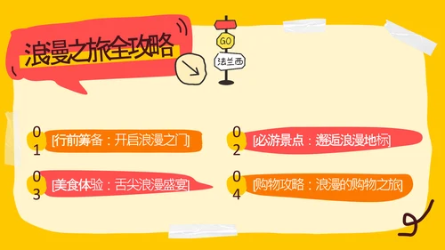 橙黄色简约手绘拼贴法国旅游攻略PPT模板