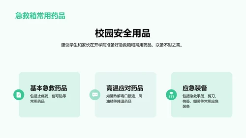 绿色卡通插画安全健康紧急救护必备好物PPT模板