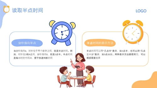 蓝色卡通风格钟表与24小时的认知PPT