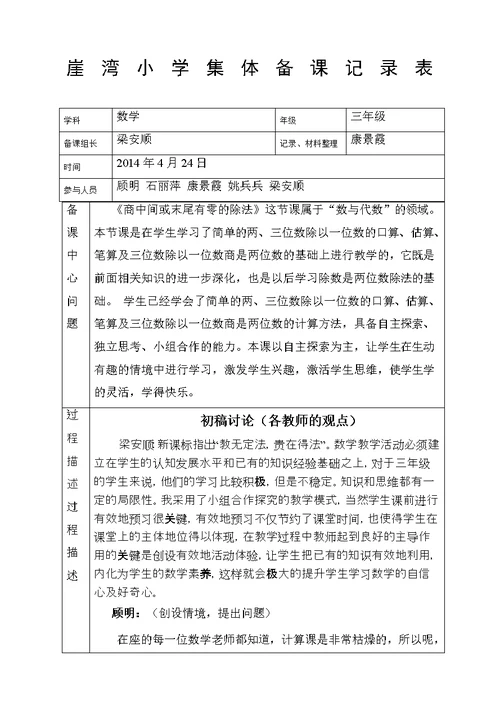 小学数学集体备课记录表