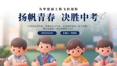 蓝色卡通杨帆青春决胜中考主题班会PPT模板