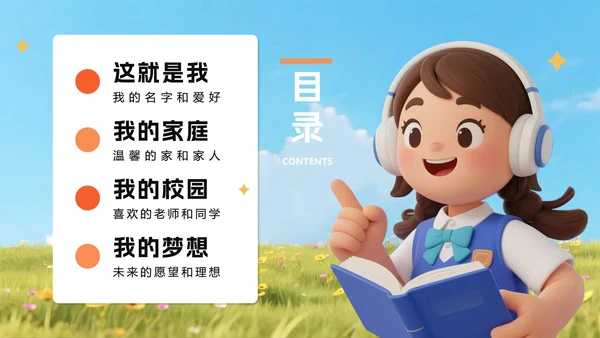 可爱清新3D卡通风小学生入学自我介绍PPT模板