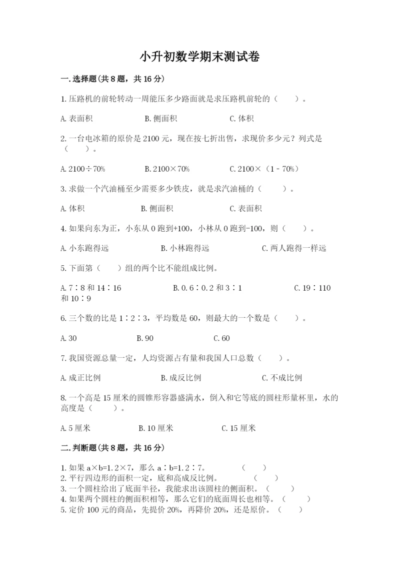 小升初数学期末测试卷【名师推荐】.docx