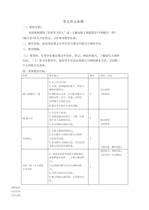 最新部编版五年级语文下册单元备课(一至八单元)