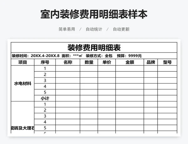 室内装修费用明细表样本