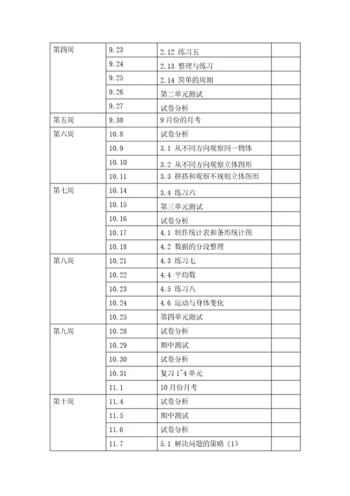 苏教版小学数学四年级上册教学计划进度表
