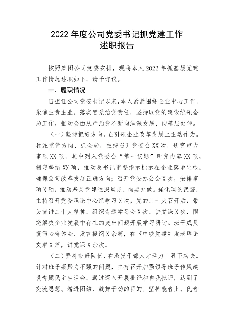 【国资国企】2022年度公司党委书记抓党建工作述职报告.docx