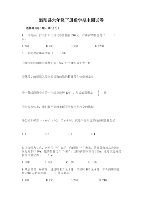 泗阳县六年级下册数学期末测试卷（实用）.docx