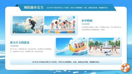 蓝色卡通风格暑假安全教育主题班会PPT模板
