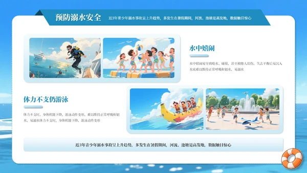 蓝色卡通风格暑假安全教育主题班会PPT模板
