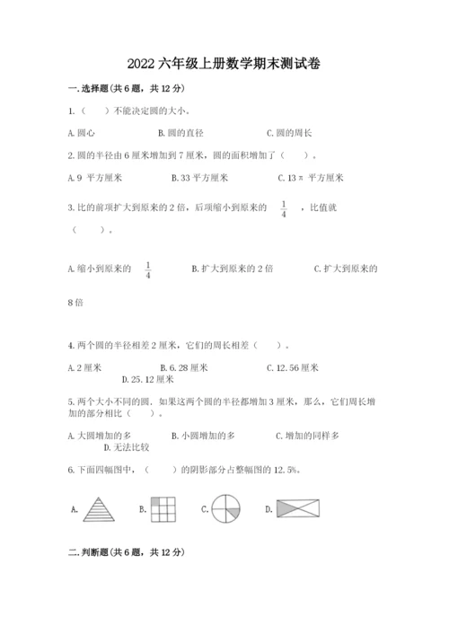 2022六年级上册数学期末测试卷附答案（巩固）.docx