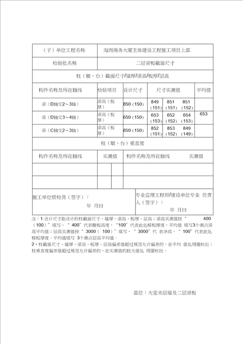 现浇混凝土结构位置与尺寸偏差实体检验记录表