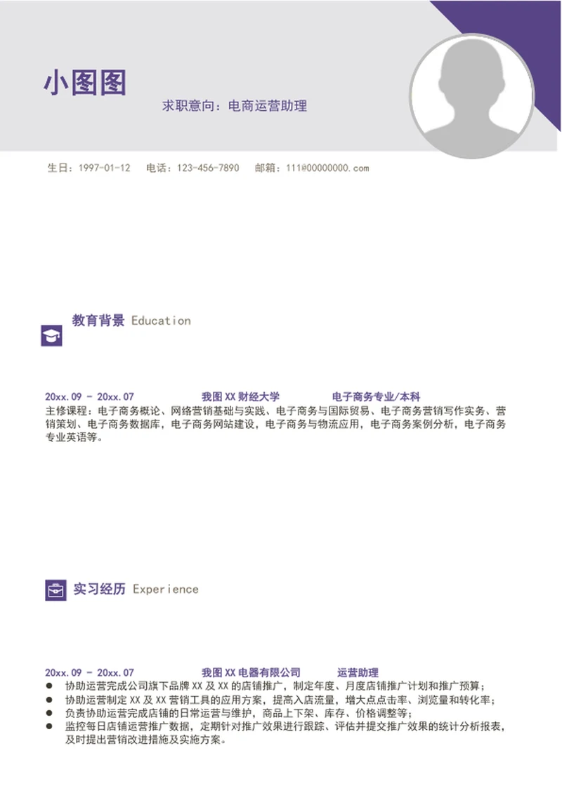大气电商运营助理简历模板word求职简历介绍