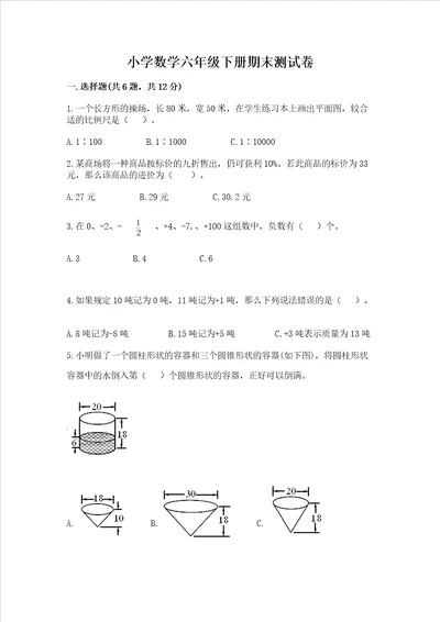 小学数学六年级下册期末测试卷精品a卷