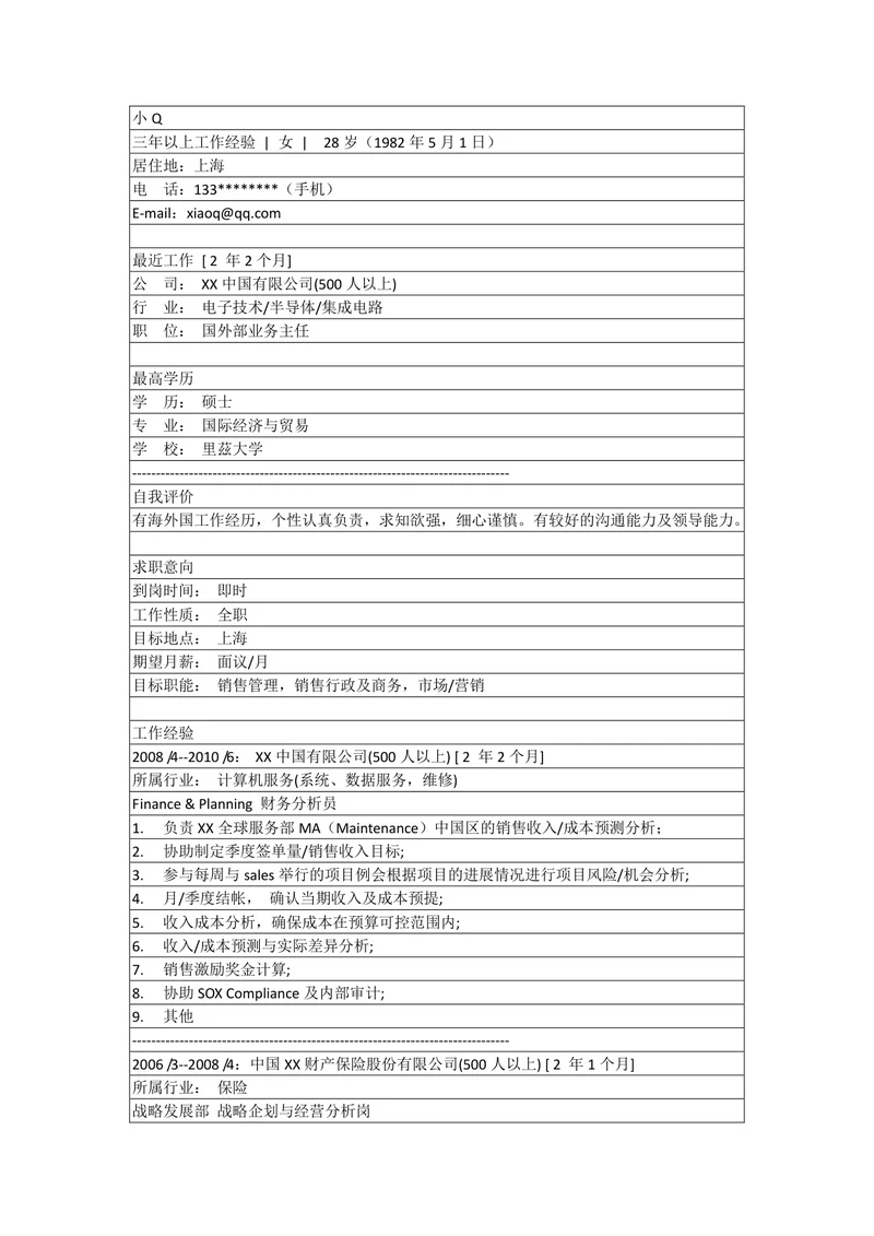 销售行政及商务简历