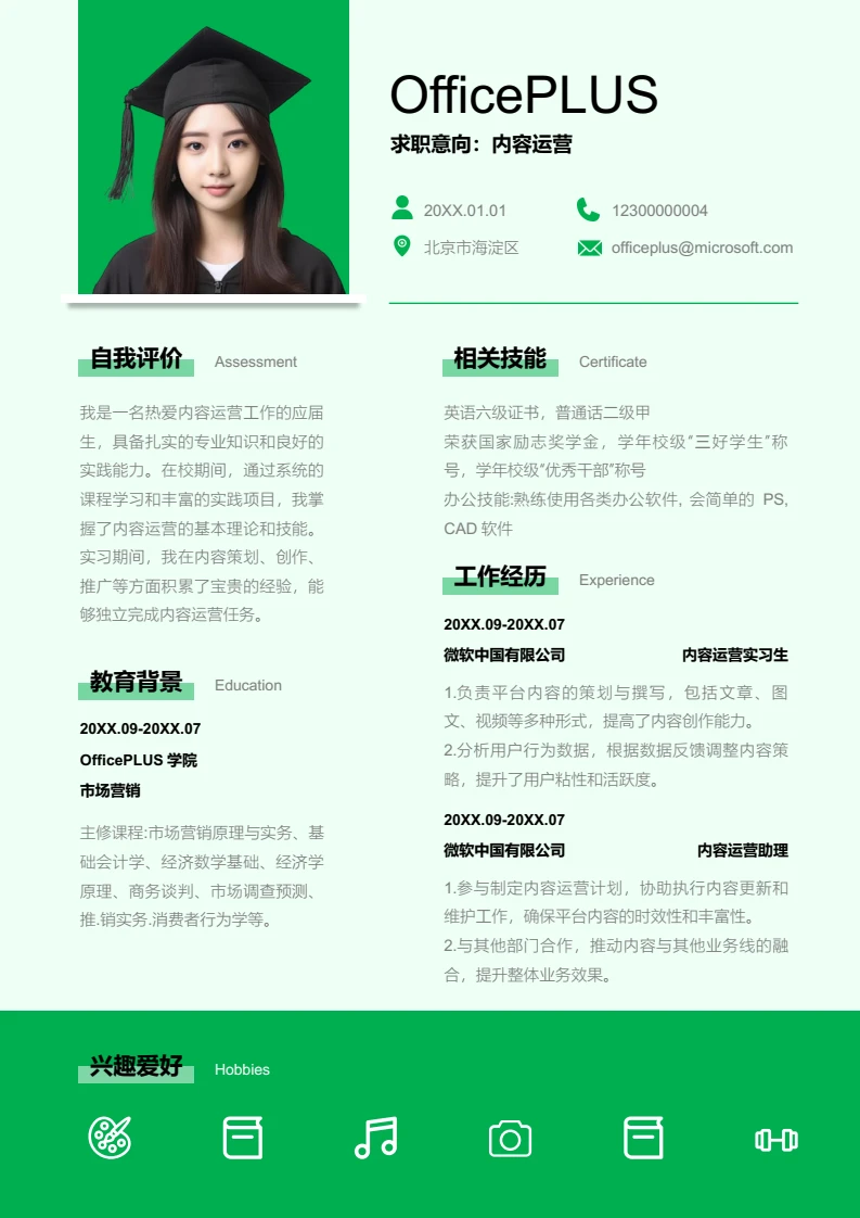 绿色简约内容运营简历模板