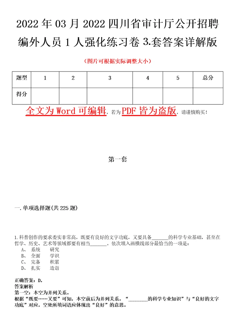 2022年03月2022四川省审计厅公开招聘编外人员1人强化练习卷套答案详解版