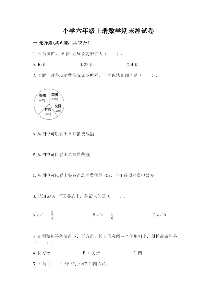 小学六年级上册数学期末测试卷附完整答案（夺冠系列）.docx