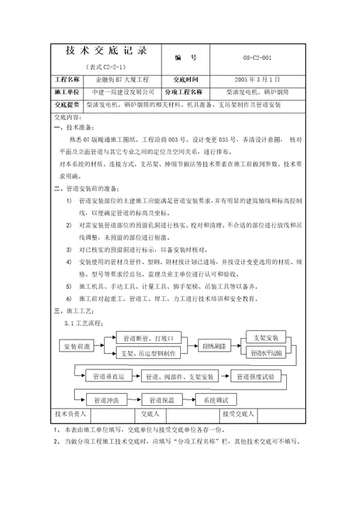 柴油发电机锅炉烟筒管道技术交底记录