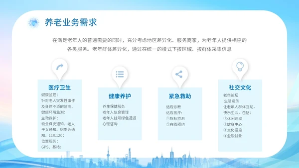 蓝色科技城市线条剪影老人智慧养老介绍宣传汇报培训模板