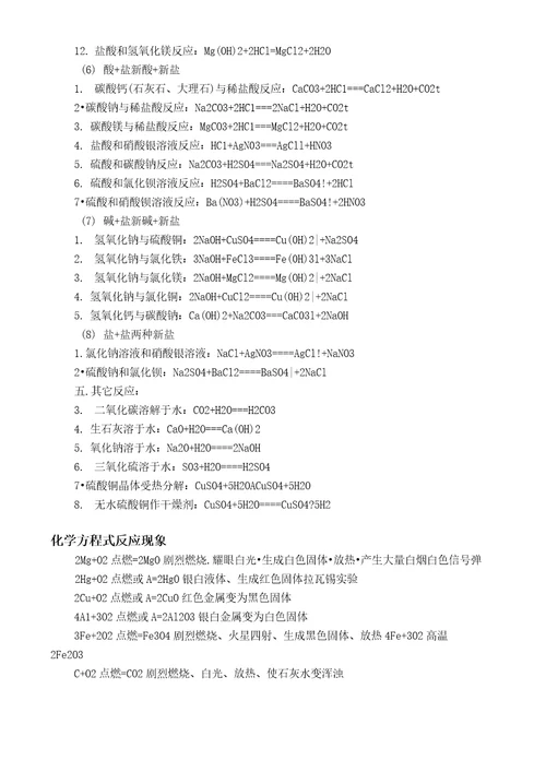 初中化合反应方程式汇总