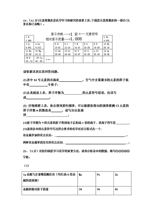 初三化学期末试题及答