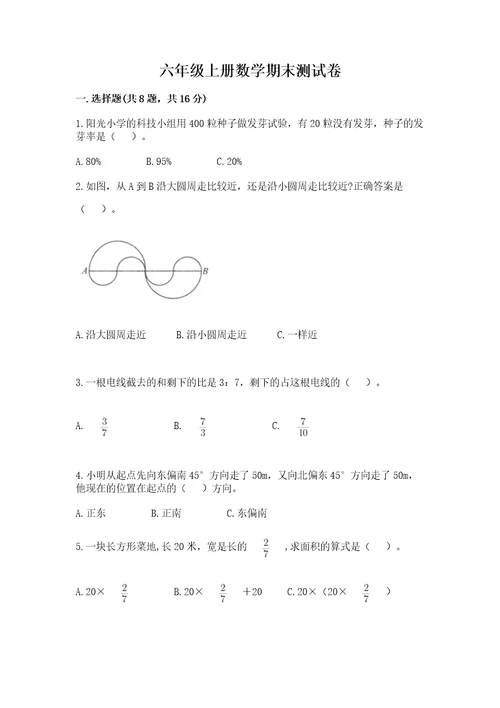 六年级上册数学期末测试卷附参考答案培优a卷