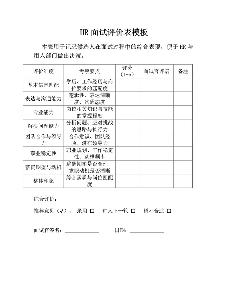 HR面试评价表模板