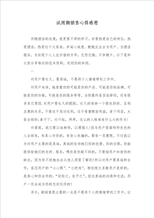 2021年试用期销售心得感想