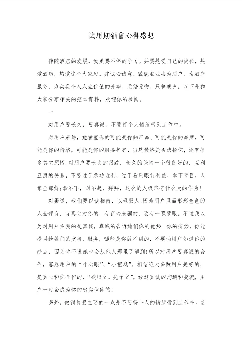 2021年试用期销售心得感想