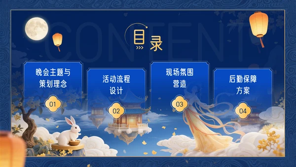 深蓝色3D立体风中秋节企业中秋晚会PPT模板