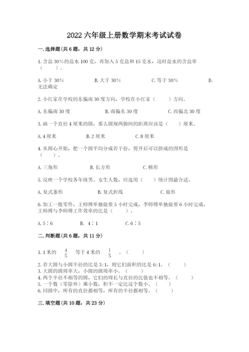 2022六年级上册数学期末考试试卷及一套完整答案.docx