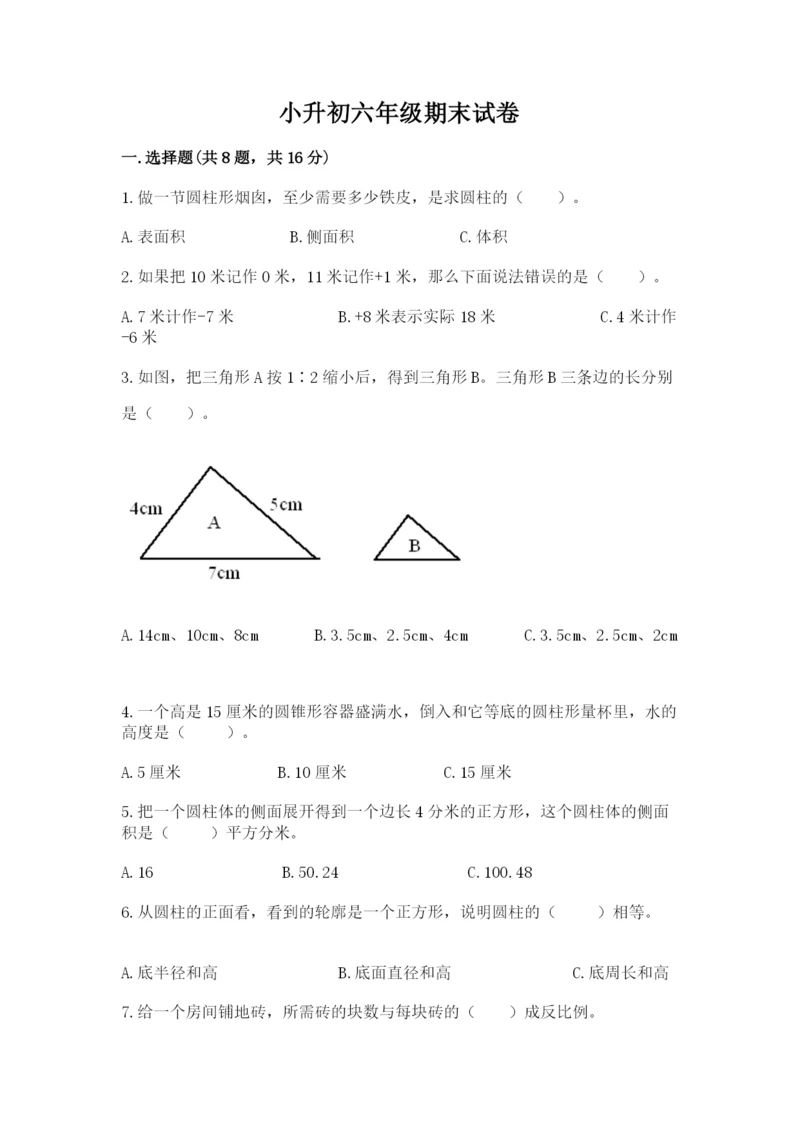 小升初六年级期末试卷必考题.docx