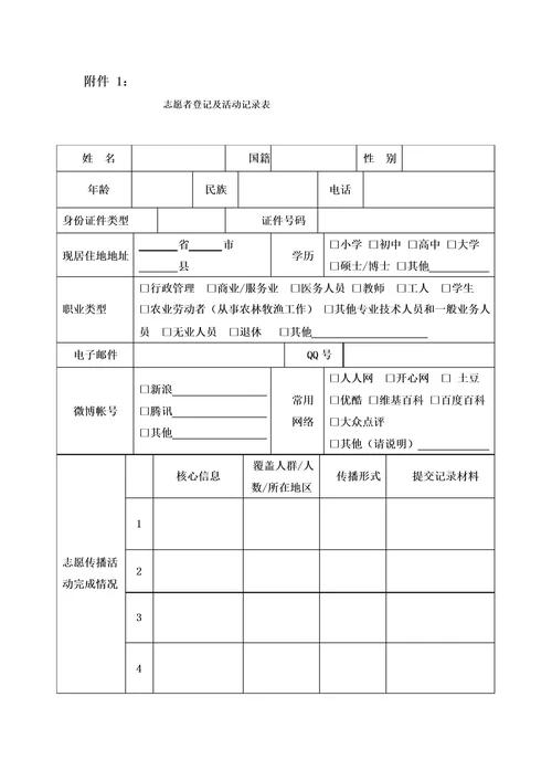 志愿者登记及活动记录表宜昌市疾病预防控制中心