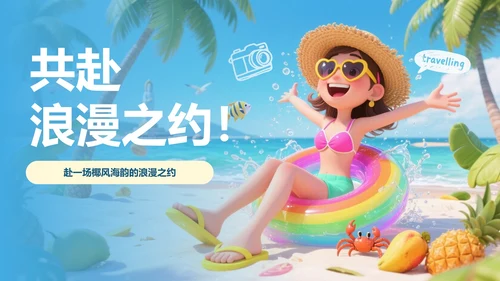 卡通蓝色插画嗨玩海南旅游攻略PPT模板