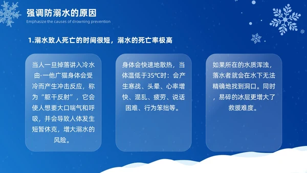 深蓝色雪天简约插画冬季防溺水主题安全教育宣传活动PPT冬季安全