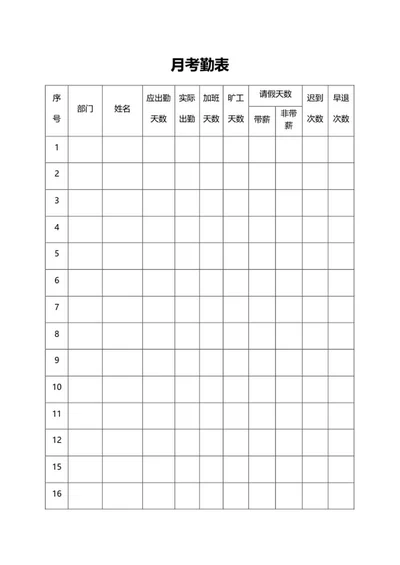 企业员工月考勤表word模板