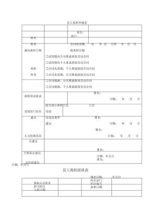 员工离职申请表格