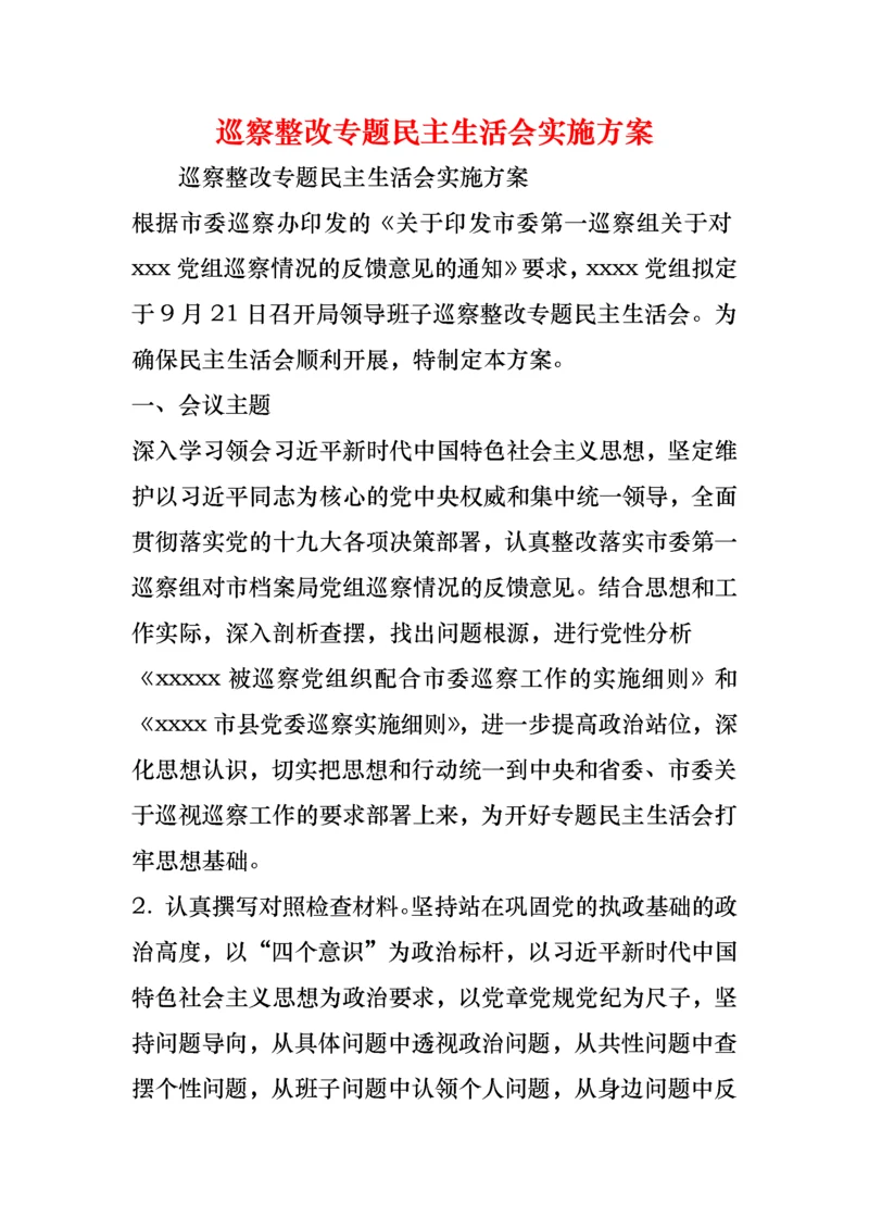 巡察整改专题民主生活会实施方案.docx