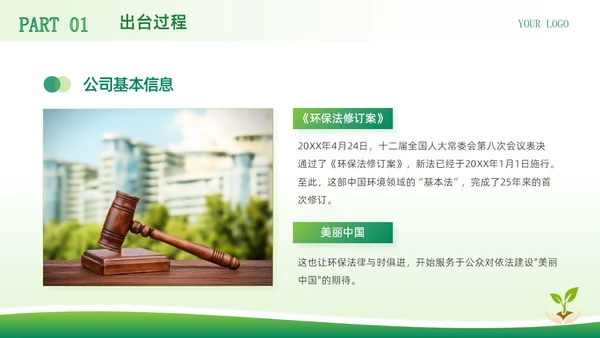 绿色简约商务风中华人民共和国环境保护法企业环保宣传PPT模板法律