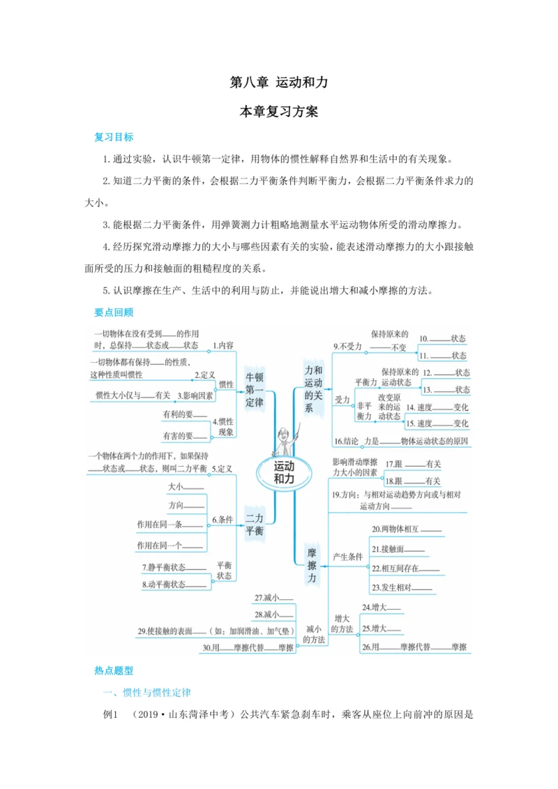 人教版物理八年级下第八章本章复习方案 教学详案
