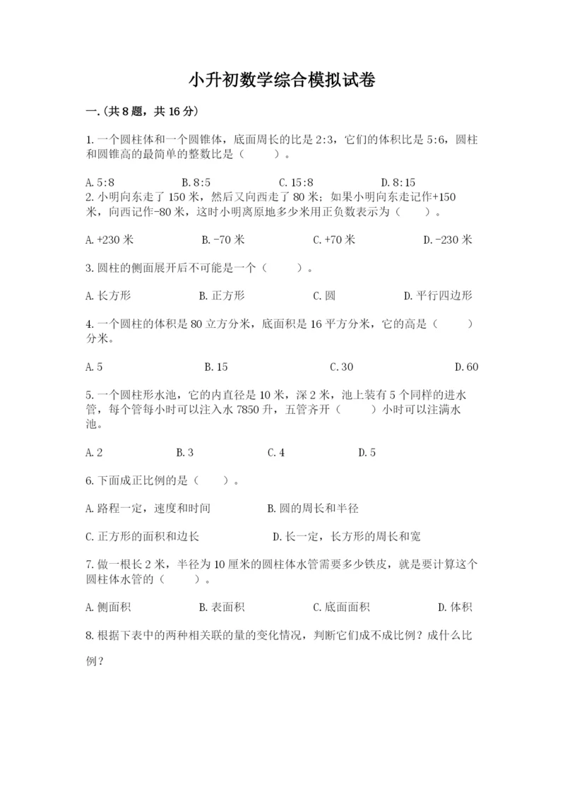 小升初数学综合模拟试卷及参考答案【培优b卷】.docx