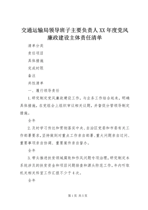 交通运输局领导班子主要负责人某年度党风廉政建设主体责任清单.docx