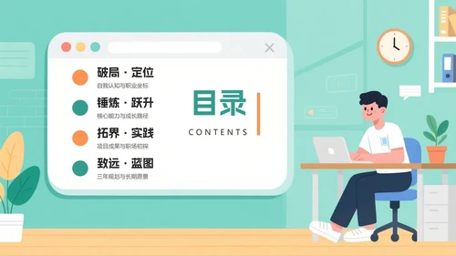 绿色扁平插画风大学生职业规划书PPT模板
