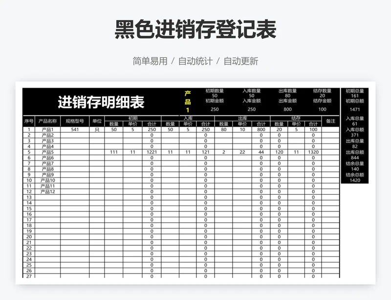 黑色进销存登记表