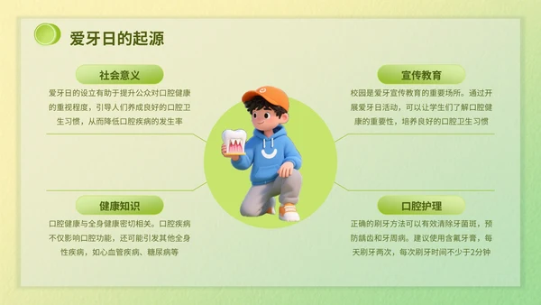 绿色3d立体风爱牙日知识科普PPT模版