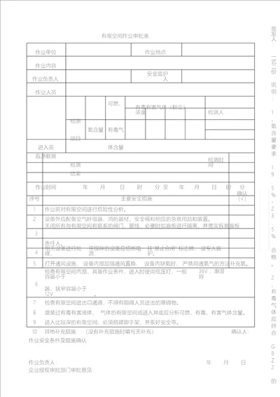 有限空间作业审批表